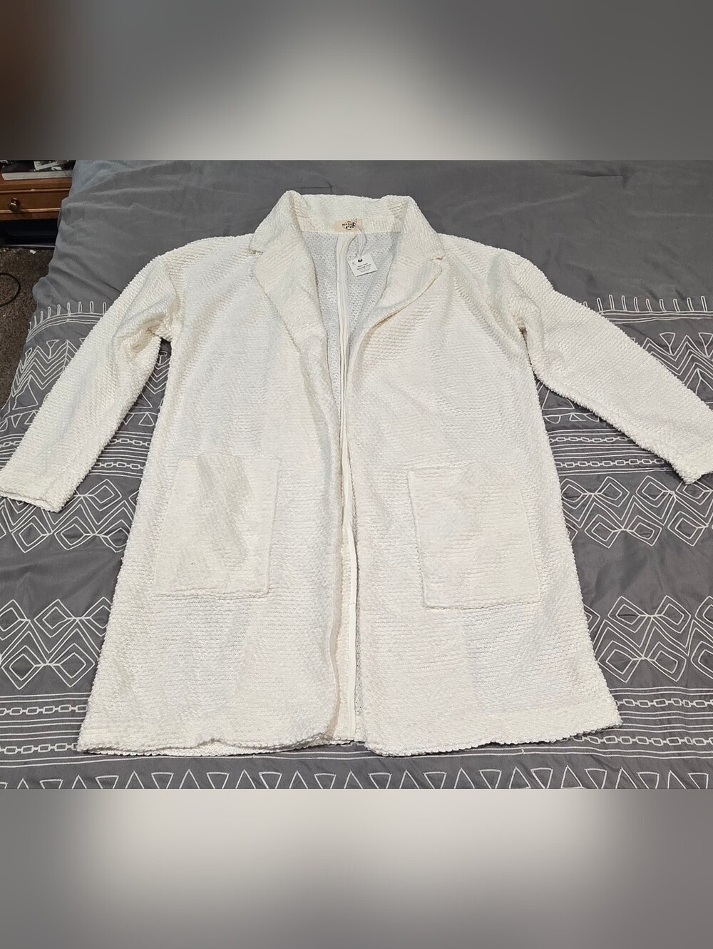 Marine Layer Women's Birdseye White Boucle Textured Collared Cardigan Size Large